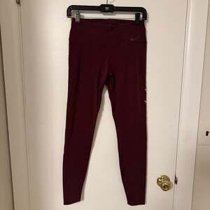 Nike Womens Maroon Dark Red Dri-Fit "Just Do It" Spell Out Leggings Size Small